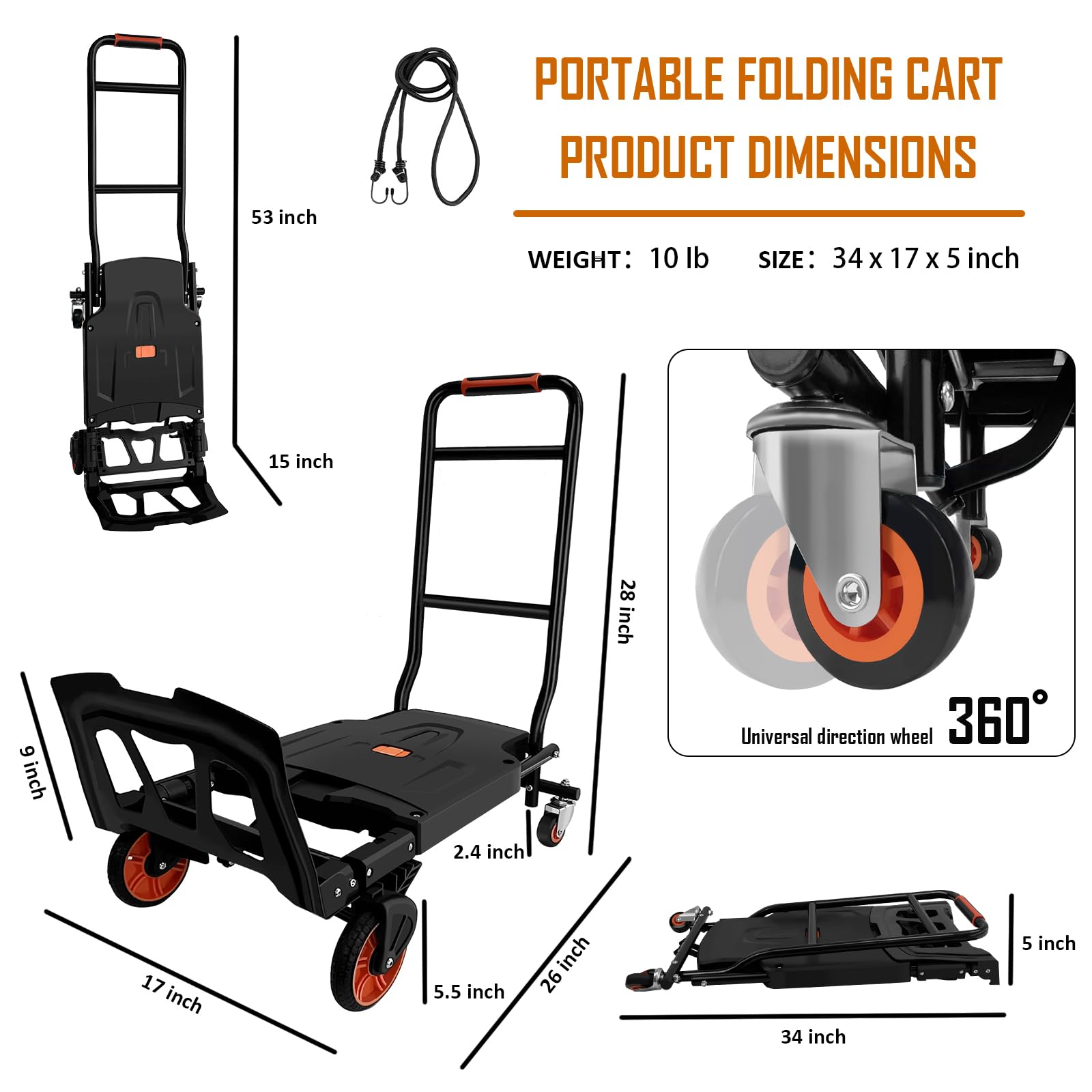 Carro de Mano Plegable Transform por Warmyou, 2 en 1 con Capacidad de 440 bl y Ruedas giratorias de 360 Grados, Carrito Plegable utilitario, sin Montaje, portátil y fácil Almacenamiento