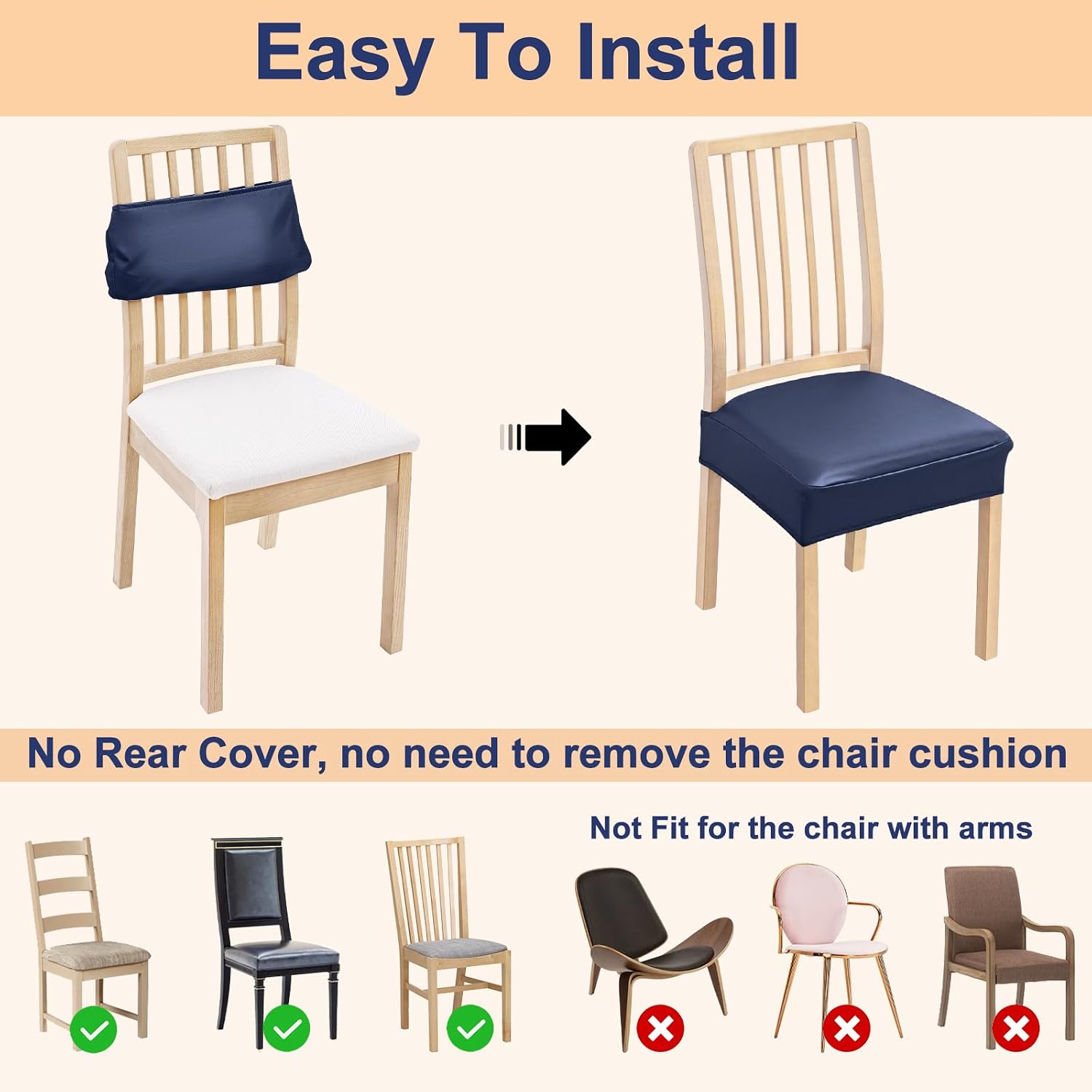 Smiry Waterproof Pu Leather Seat Covers for Dining Room Chairs Set of 4, Stretch Fit Removable Washable Kitchen Chair Seat Slipcovers Protector, No Rear Covers, Navy Blue