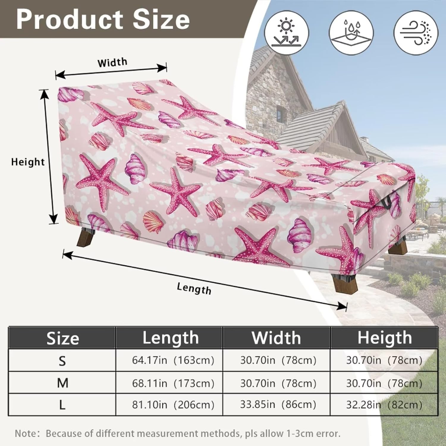 Pink Starfish Shell Print Patio Chaise Lounge Decor Cover, Heavy Duty Water Resistant Cover for Outdoor Pool Lawn Lounge Chair with Air Vent 1 Pcs, 68.11"L x 30.7"W x 30.7"H