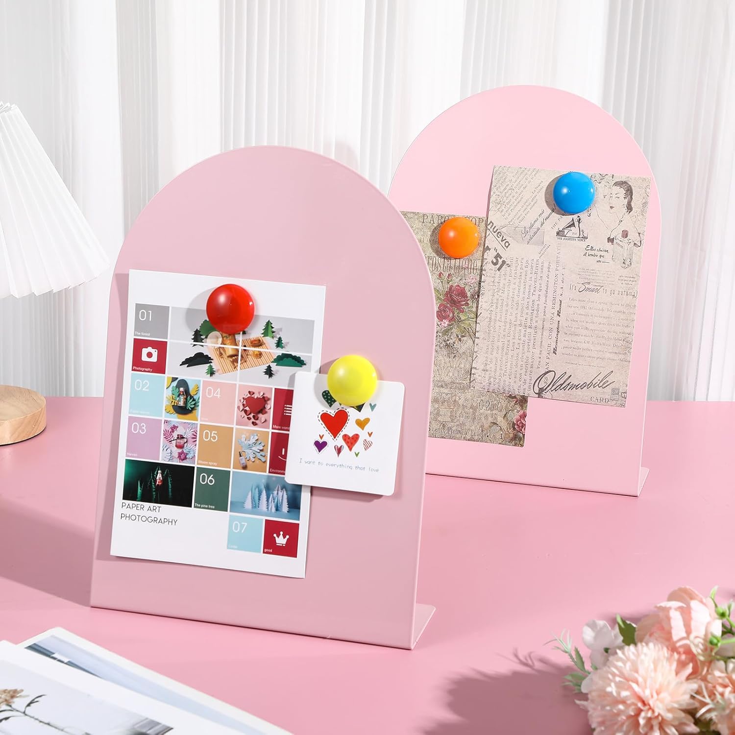 Shimeyao 2 Pcs Pink Magnetic Bulletin Board for Tabletops with 8 Magnets 12 x 8.5 Inch Memo Display Easel Stand for Home Office School Kitchen Table Supplies (Arched)
