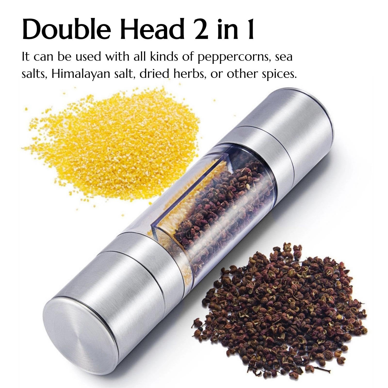 KINTEGOOD 2-in-1 Stainless Steel Salt and Pepper Grinder Set, Double Head Manual Mill, Refillable