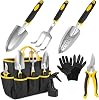 7 Pack Garden Tools Set, Stainless Steel Gardening Set, Heavy-Duty Gardening Kit with Durable Storage Tote Bag, Non-Slip, Ergonomic Handles, Rust Proof, Gardening Gifts for Women Men, Black-Yellow