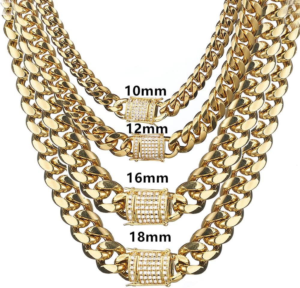 Qiaonitu Men Women Stainless Steel Miami Gold Curb Cuban Chain CZ Zircon Rhinestone Necklace Lock Clasp Hiphop Biker Link Necklace Jewelry 10/12/14/16/18mm