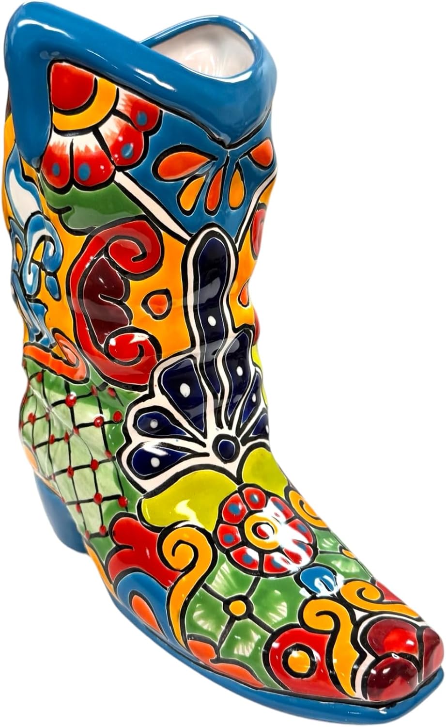 Talavera Boot Planter Pot Mexican Pottery Folk Art Home Decor Hand Painted Handmade Indoor Multicolor Outdoor 13"