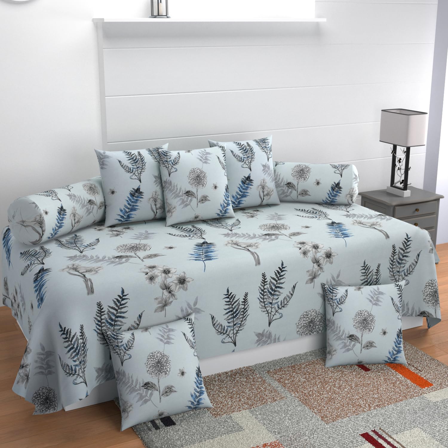FESTIVAL HOME FURNISHINGS Cotton Fabric 400TC Diwan Set (60X90 Inch Bedsheet 16x16inch Cushion Covers 18x28 inch Bolster Covers) (White Leaff)-image-49