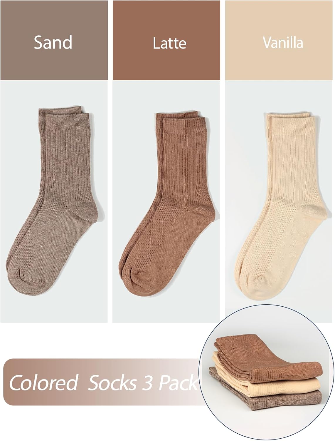 COTTON DAY Women's Combed Cotton Colored Fine Ribbed Trouser Dress Socks Beige Denim Blue Purple 3 Pack - Image 5