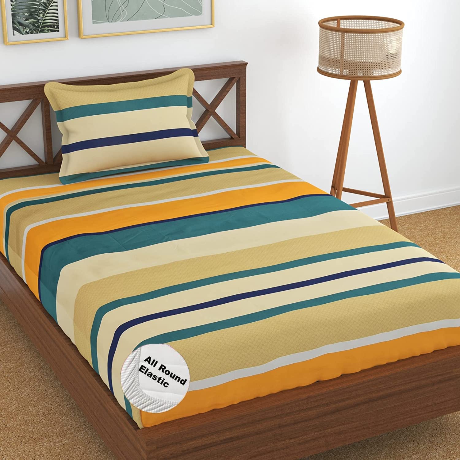 DECOMIZER 300 TC Cotton Feel All Around Elastic Fitted Glace Printed Single Bed Bedsheet with Pillow Cover Fits Upto Mattress of 6 Inches,Size - 42 x 75 x 8 Inches,Design - Yellow Green Stripes,queen