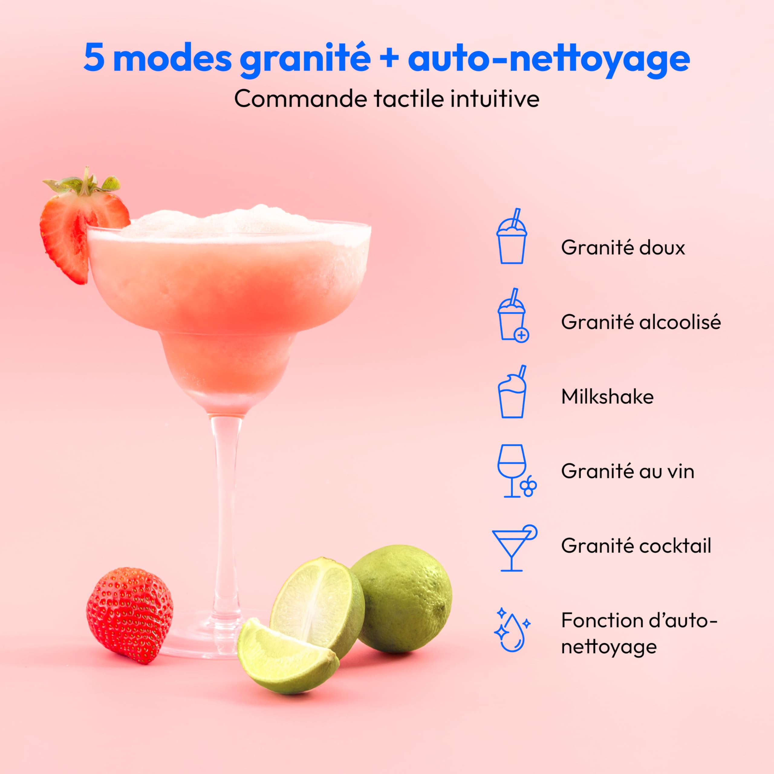 MEDION Machine à granité (boissons glacées, capacité 2,6 L, réservoir 1,9 L, slush machine pour boissons, 5 modes de boisson, machine a glace, préparation en 30–60 min, compresseur, MD12090)