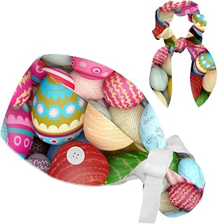FVQL 2 Pieces Surgical Cap for Long Hair Scrub Cap with Hairband Nurse Cap, Easter Eggs Pattern Colorful