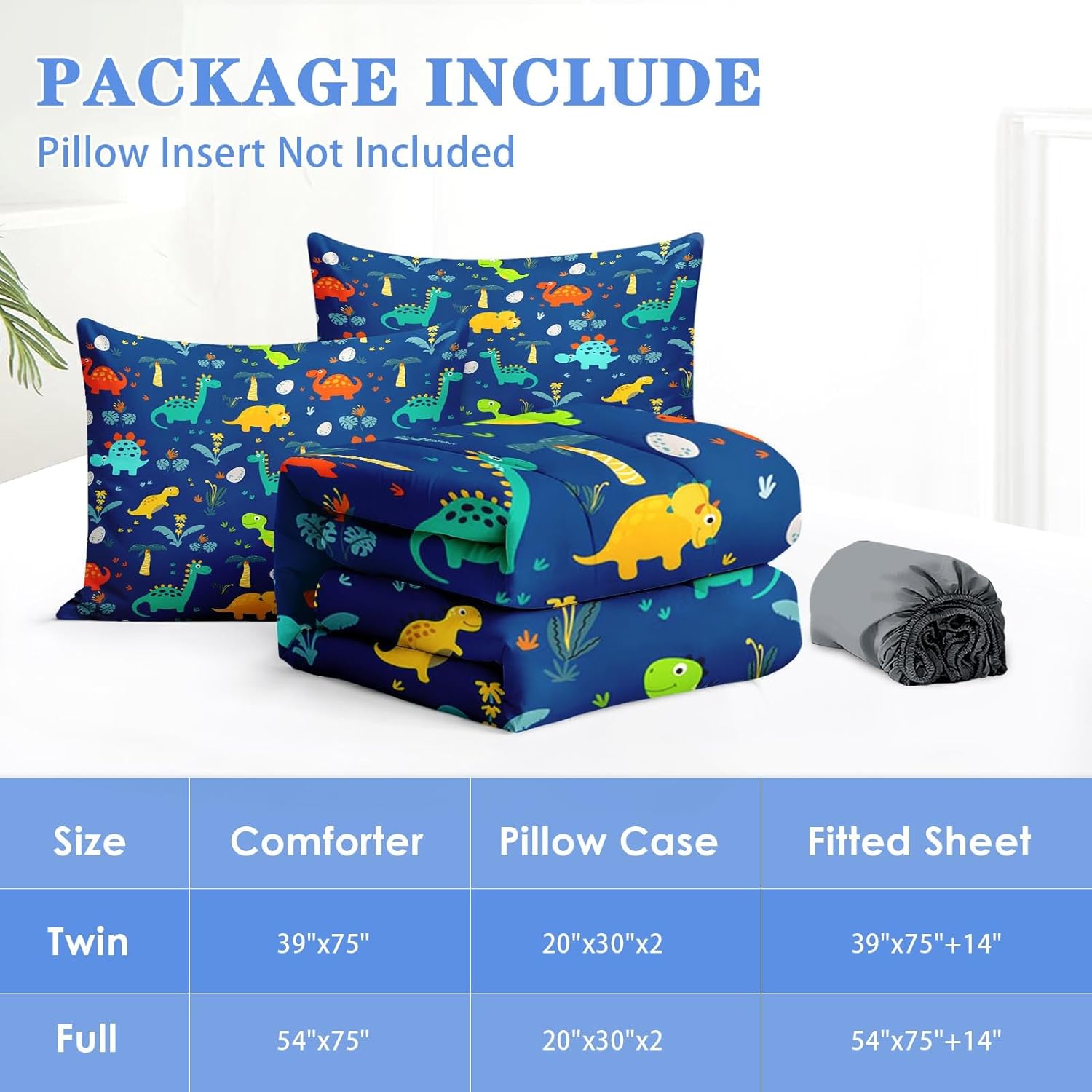 Nesker Full Zipper Bedding, Cartoon Dinosaur Zipper Bedding Sets for Boys, 3pcs All in on one, Bule Grey Kids Comforter Set with Fitted Sheet and 2 Pillowcases - Image 6