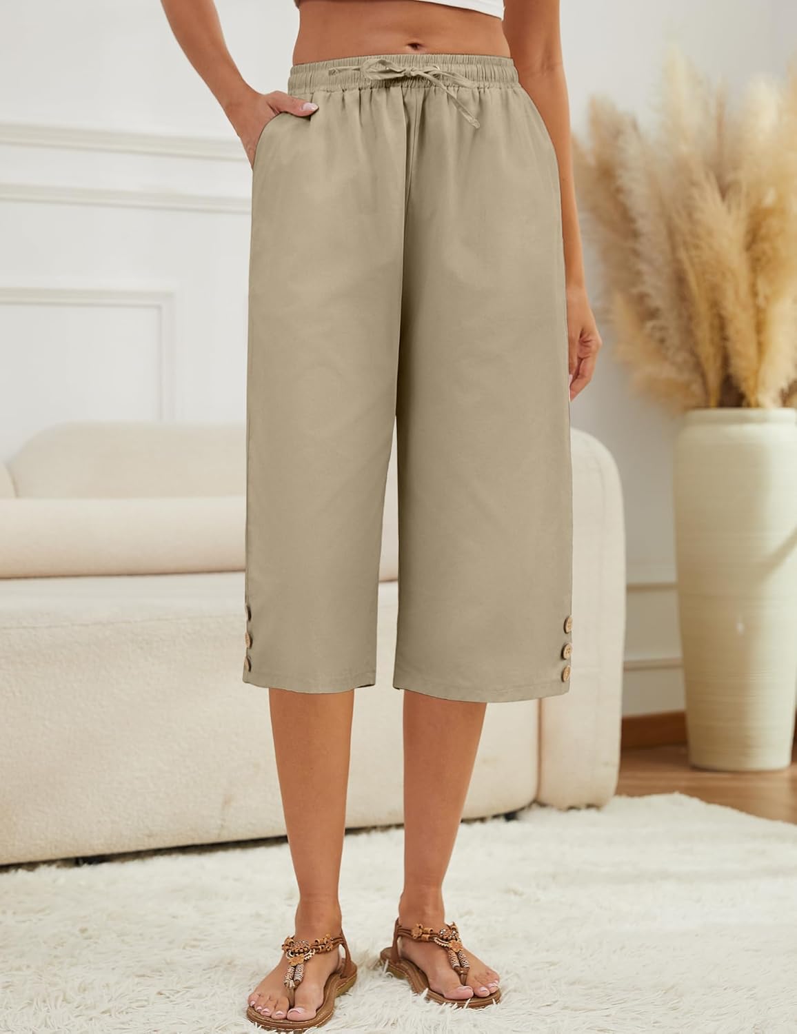 Womens Capris Pants High Waist Drawstring Comfy Casual Lightweight Loose Trousers Buttons Trim with Pockets - Image 4