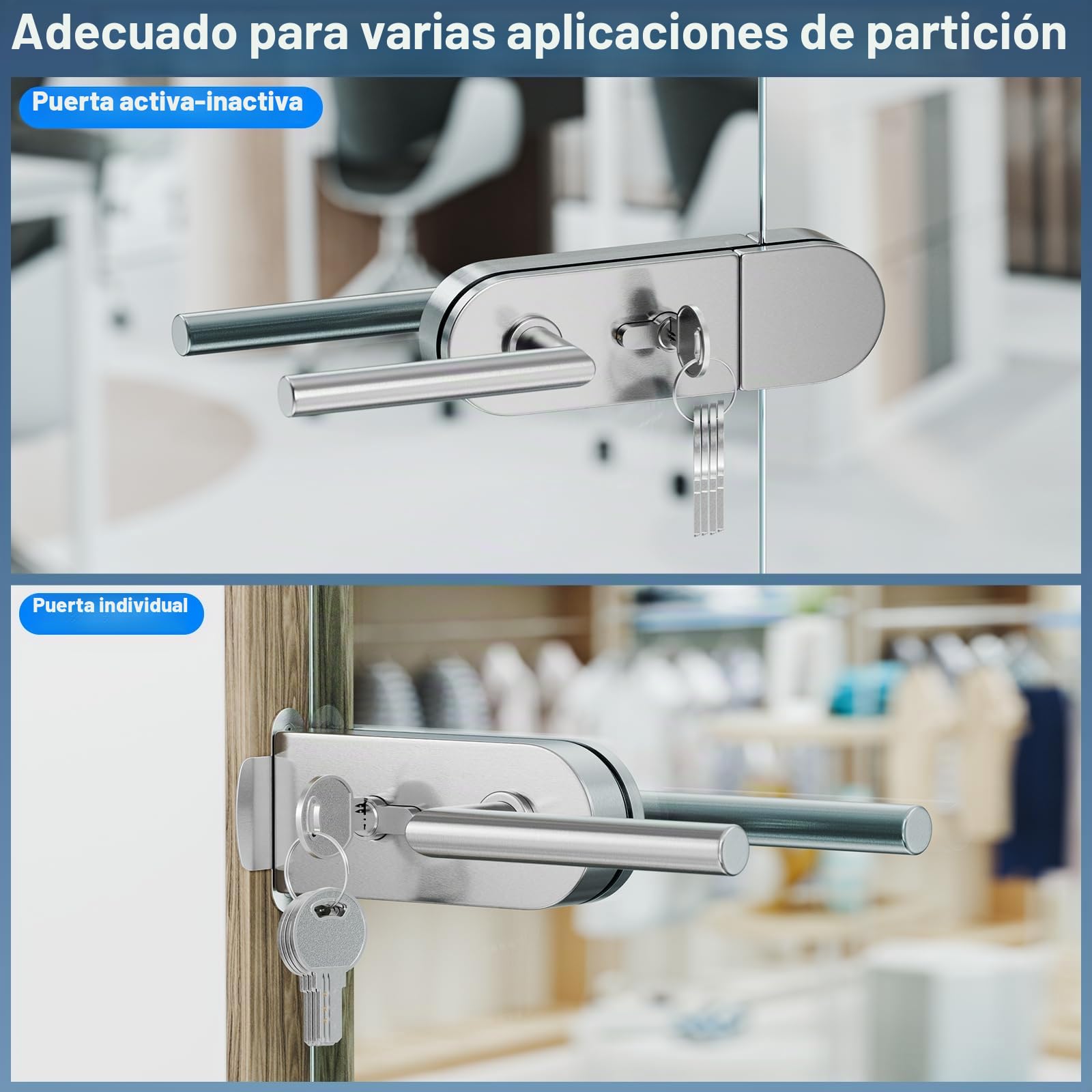 Ranbo Cerradura para Puerta de Cristal sin Marco, Plata Cepillada | Acero inoxidable 304 con cilindro, llaves y manillas a ambos lados, para cristal templado de 8–12 mm