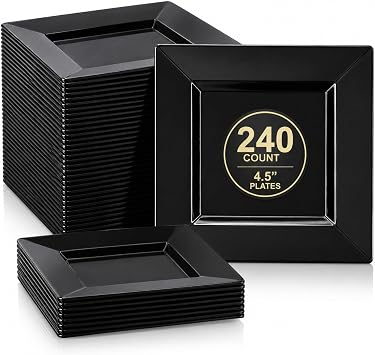4.5IN Black Square Plastic Pastry Plates 240 Plates, 240PK