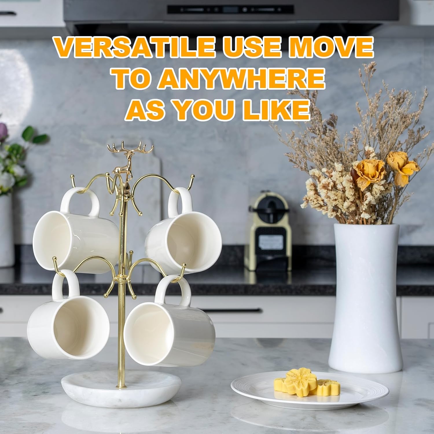 BCS Mug Holder with Marble Base - 6 Hooks Mug Rack Coffee Cup Storage Tree Jewelry Display Stand Holder for Countertop