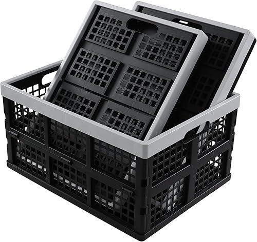 Yuright Caja plegable de plástico de 34 litros para almacenamiento, paquete de 3 cajas plegables para leche, color negro