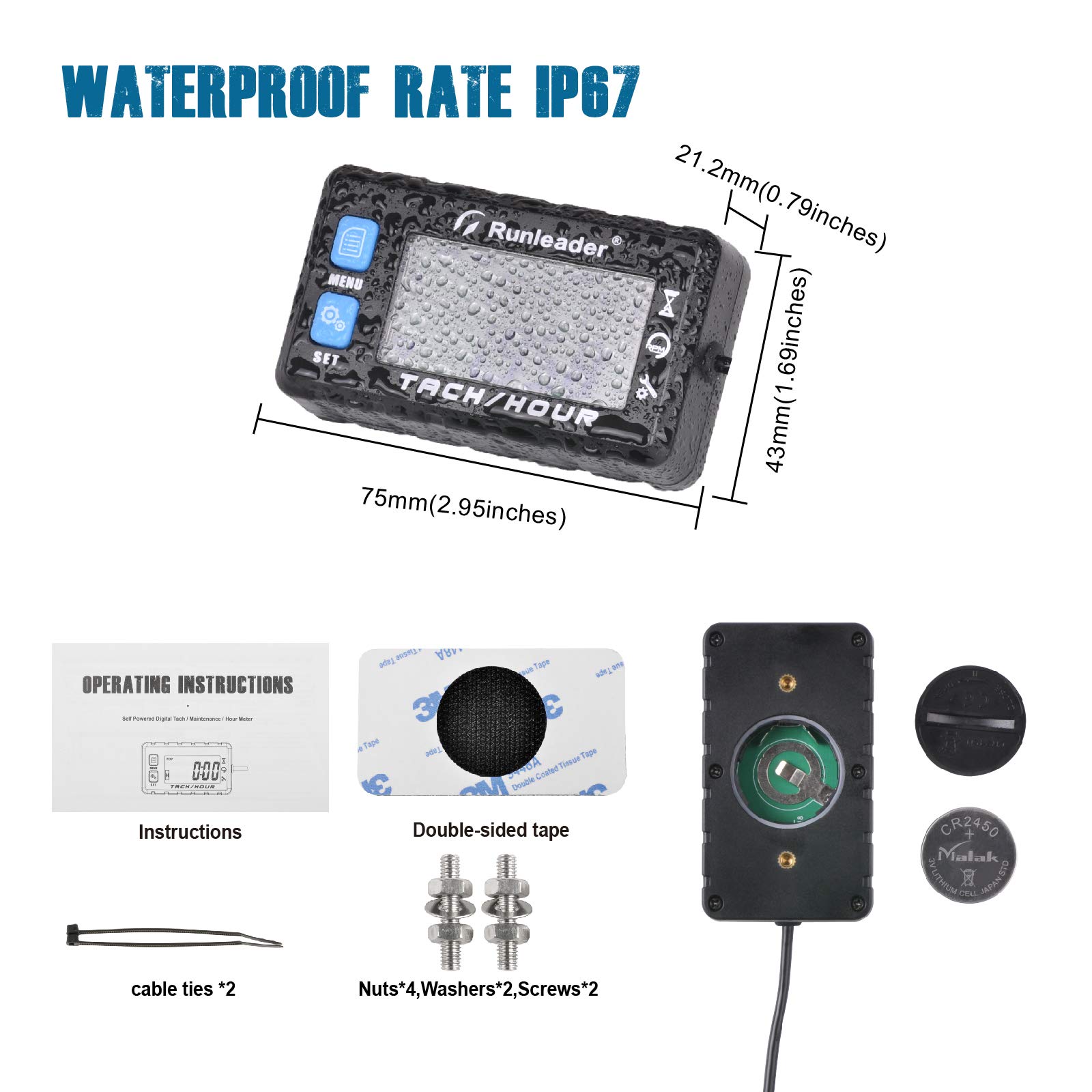 Runleader Digitaler Drehzahlmesser für kleine Motoren,größeres mehrfarbiges LCD-Display,Drehzahlwarnung, Batterie austauschbar,weiße und rote Hintergrundbeleuchtung