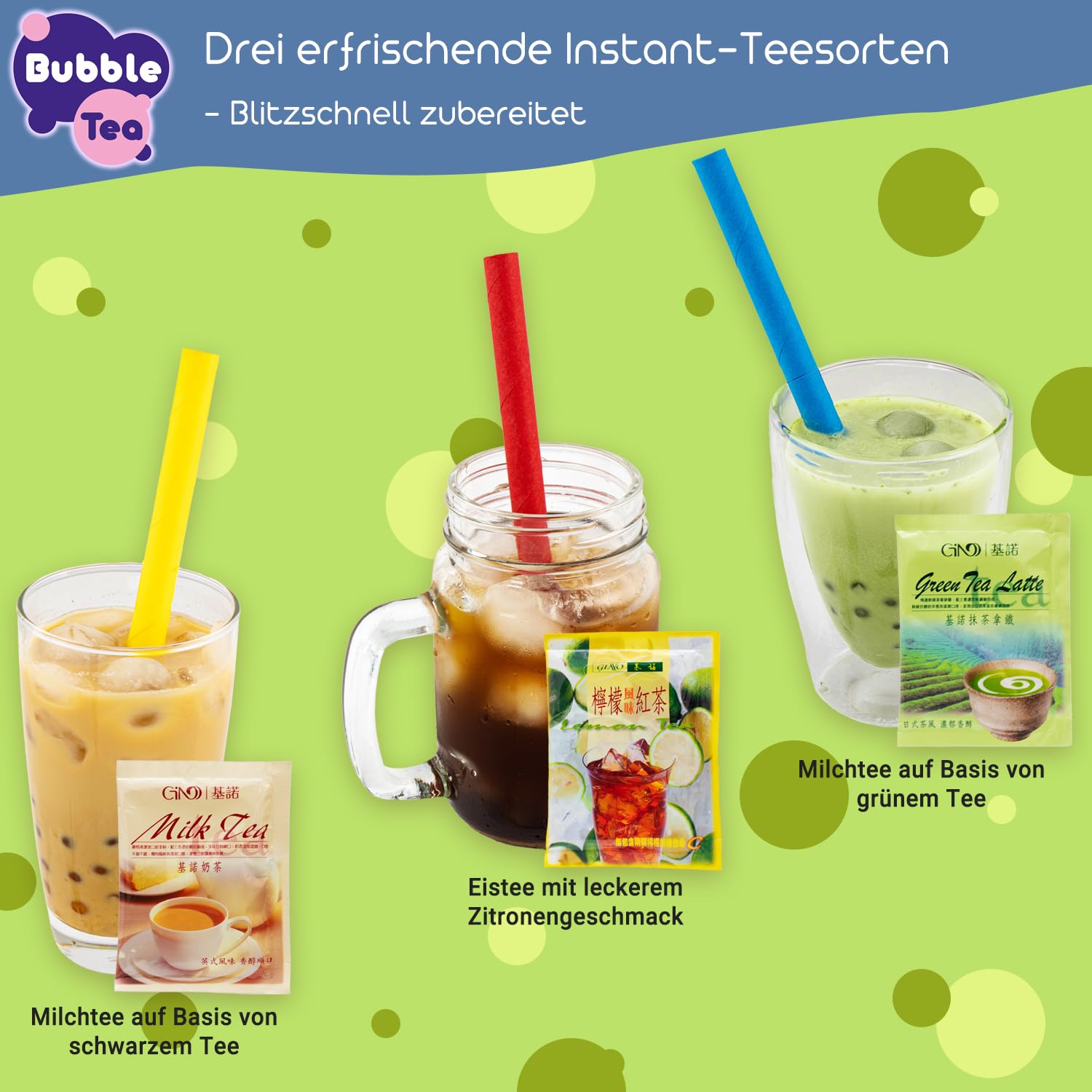 Bubble Tea DIY Set mit Green Apple Popping Boba - Für 4 Getränke - 14-teiliges Boba Tee Starter Kit - 3 Teesorten (Milchtee, Grüner Tee, Zitronen-Eistee), Fruchtperlen, Strohhalme, mit Anleitung