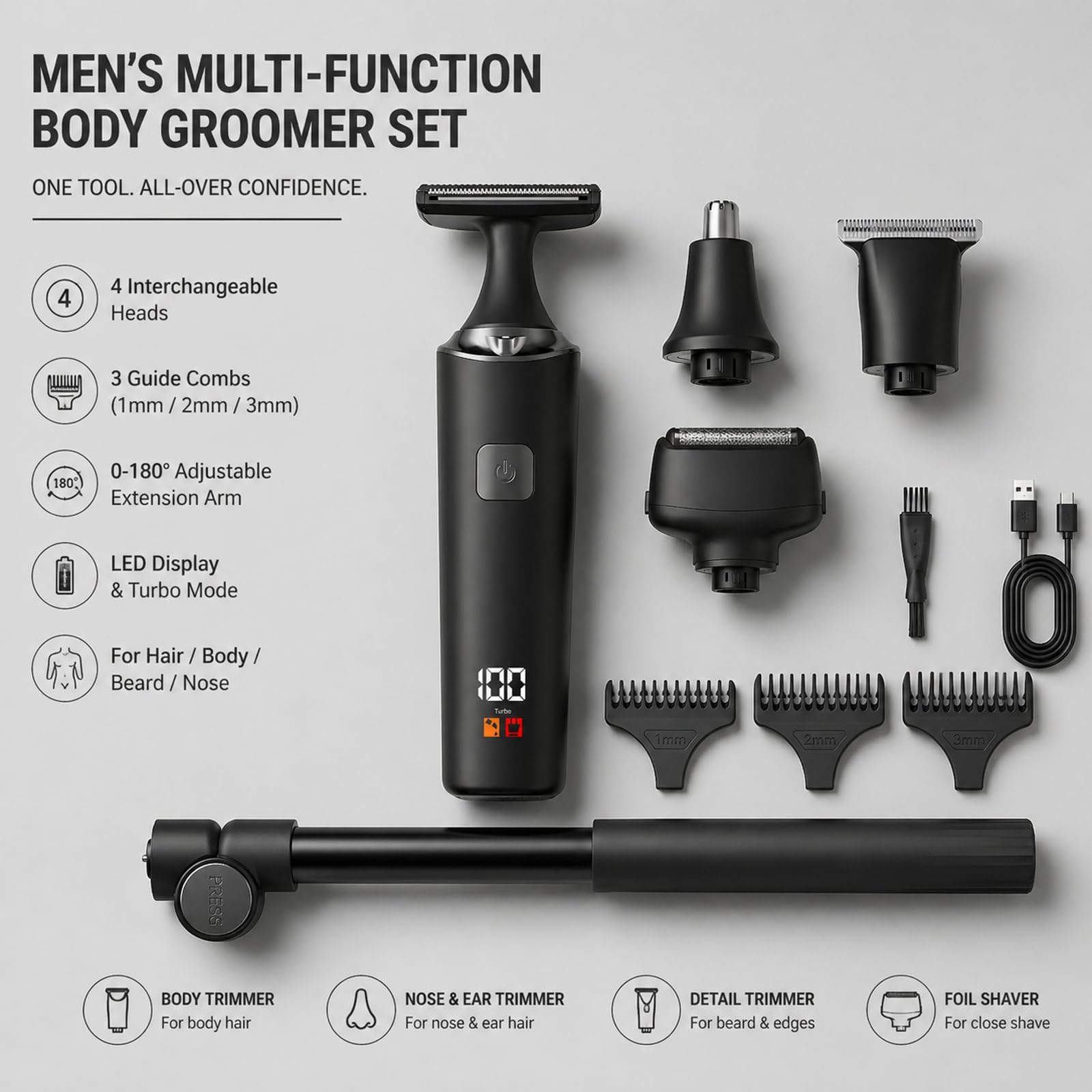 Rasoio Elettrico Per La Schiena Da Uomo, Depilatore Corpo Uomo Kit 5 In 1 Con Braccio Ausiliario Allungabile, per viso, Mento, Braccio, Schiena, Peli Pubici (A)