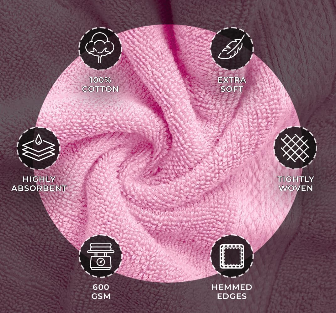 Avalon Towels Luxury 8 Piece Pink Towels Set, 2 Bath Towels, 2 Hand Towels and 4 Washcloths, 600 GSM 100% Ring Spun Cotton Highly Absorbent Pink Bathroom Towels, Ideal for Hotel, Spa and Gym - Image 5