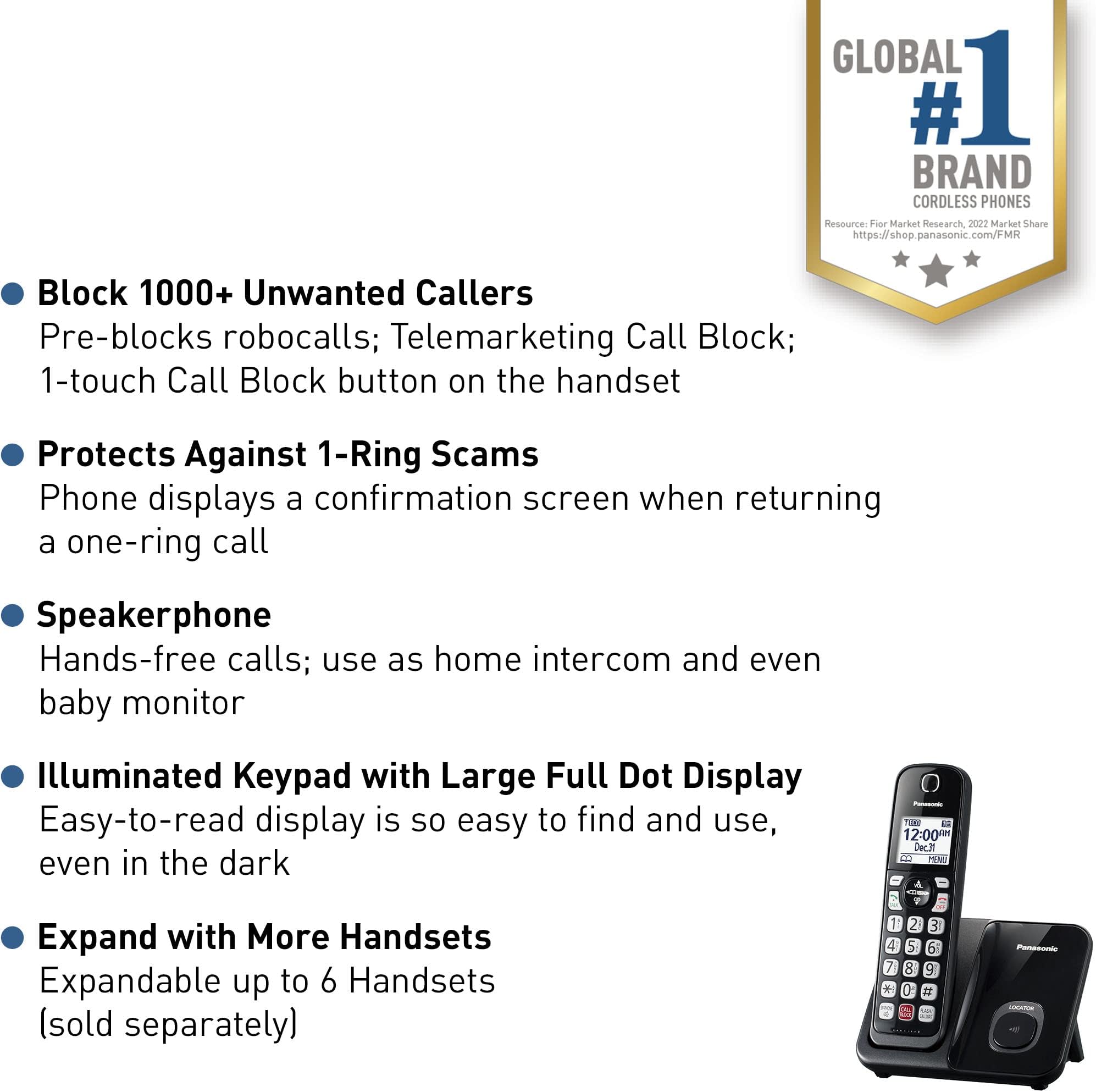 Panasonic - KX-TGD810B Cordless Phone Extended Call Lock Bilingual Caller ID Large Display High Contrast Easy to Read Expandable System with 1 Headphone (Black)