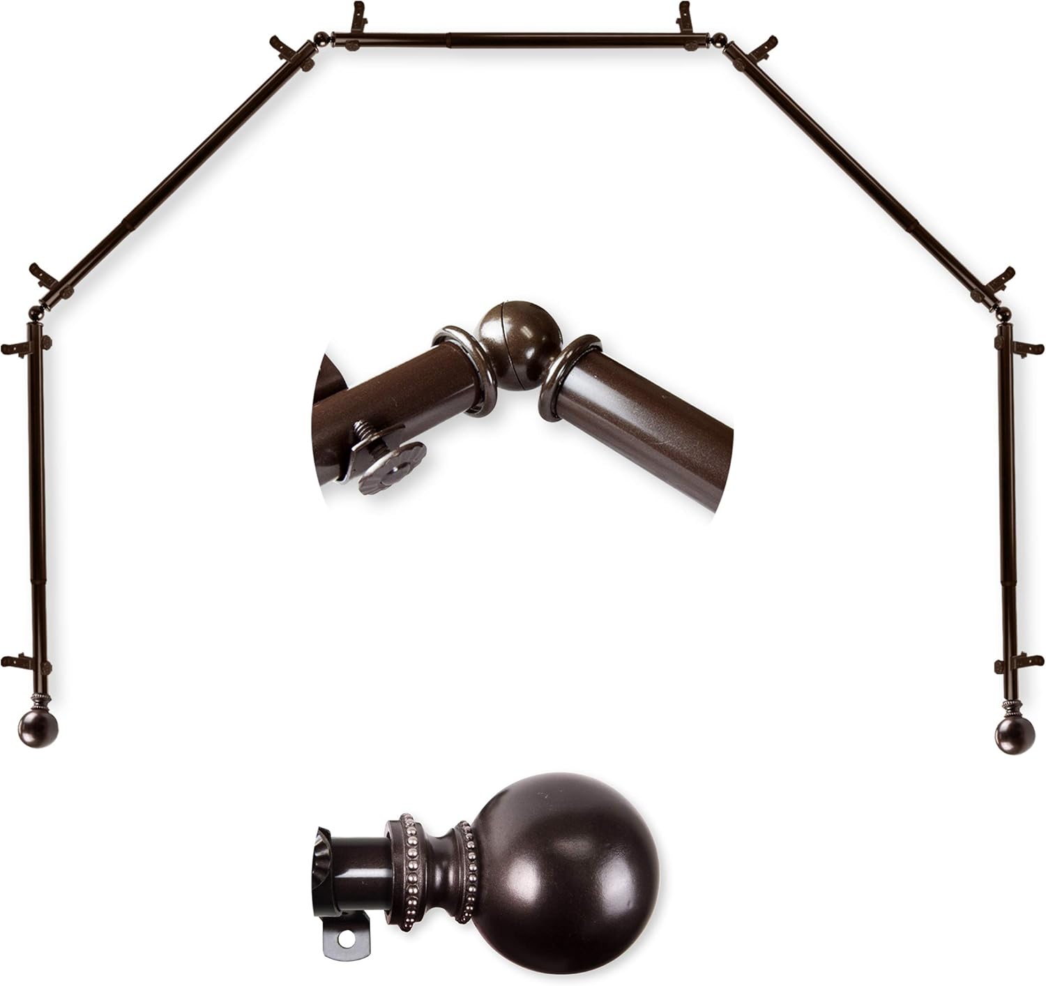 A&F Rod Décor - Cleo 13/16" 5-Sided Bay Window Curtain Rod 28-48 inch (each side) - Cocoa