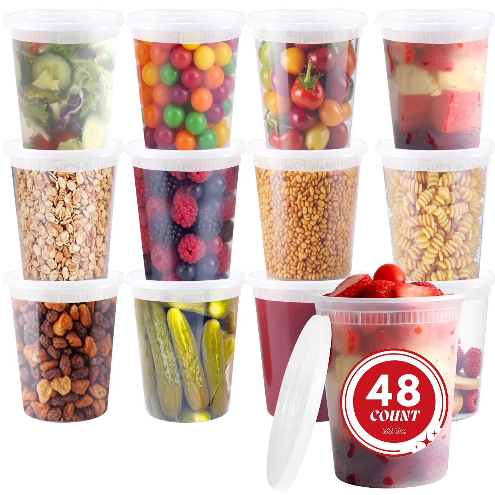48 juegos de recipientes para delicatessen con tapas, recipientes de plástico de almacenamiento de alimentos de 32 onzas, recipiente de sopa a prueba de fugas con tapas herméticas, contenedor