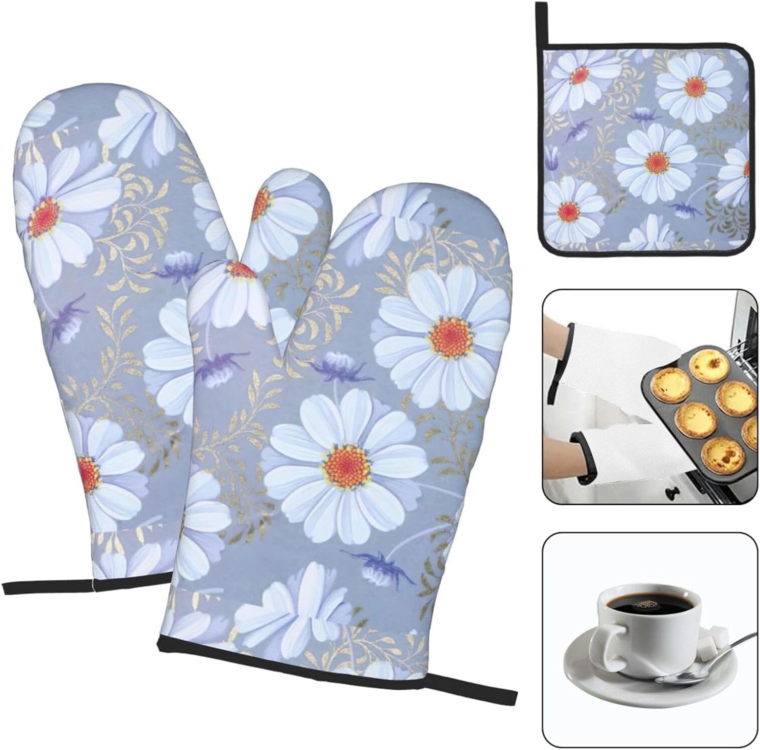 Daisy Blue. Print Heat Resistant Microwave Gloves, Used for Baking, Cooking, and Fashion Kitchen Essentials