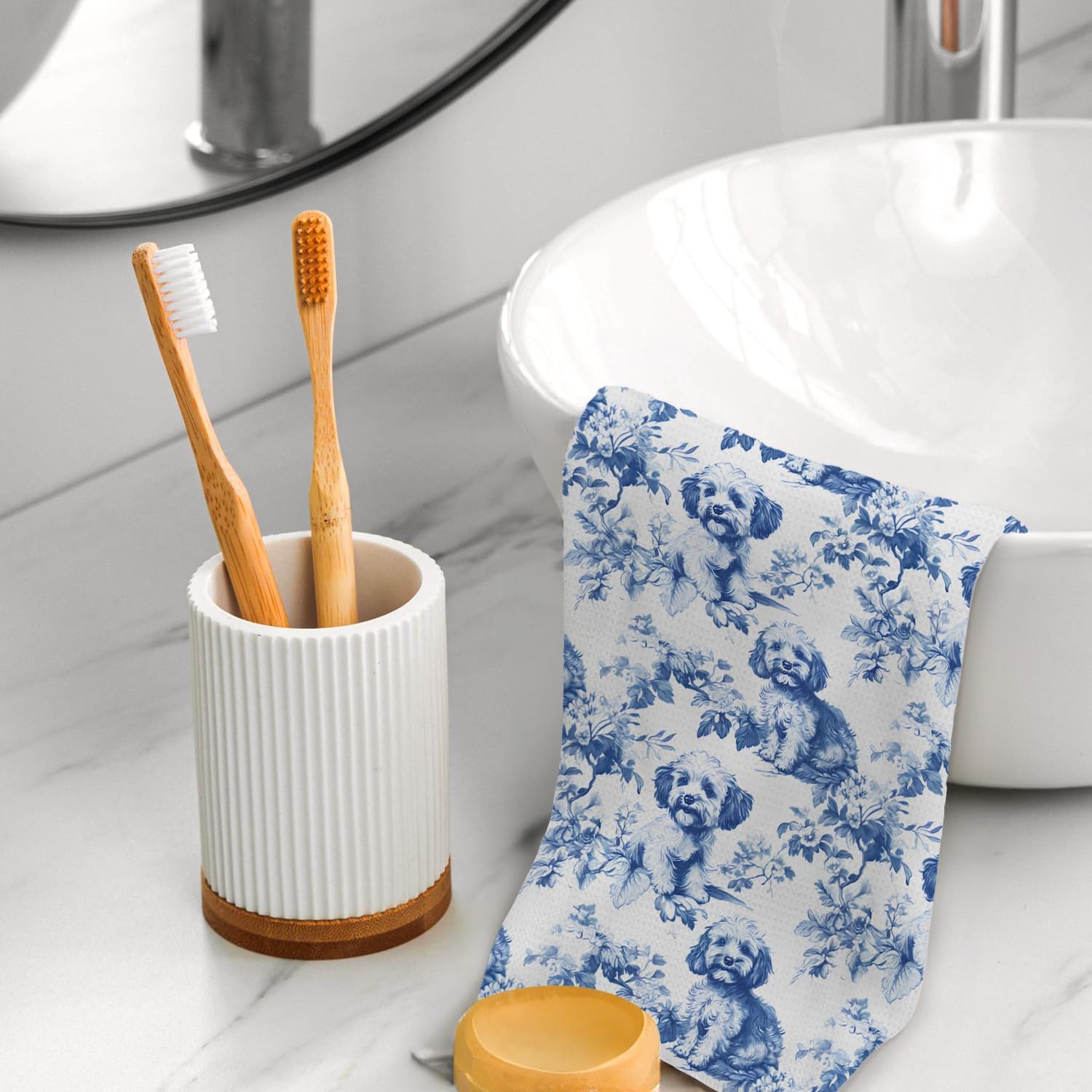 Blue and White Chinoiserie Poodle Kitchen Towels, French Country Poodle Hand Towels for Bathroom, Grandmillennial Dog Dish Tea Towel for Kitchen, 16x24 Inch Set of 2 image 4