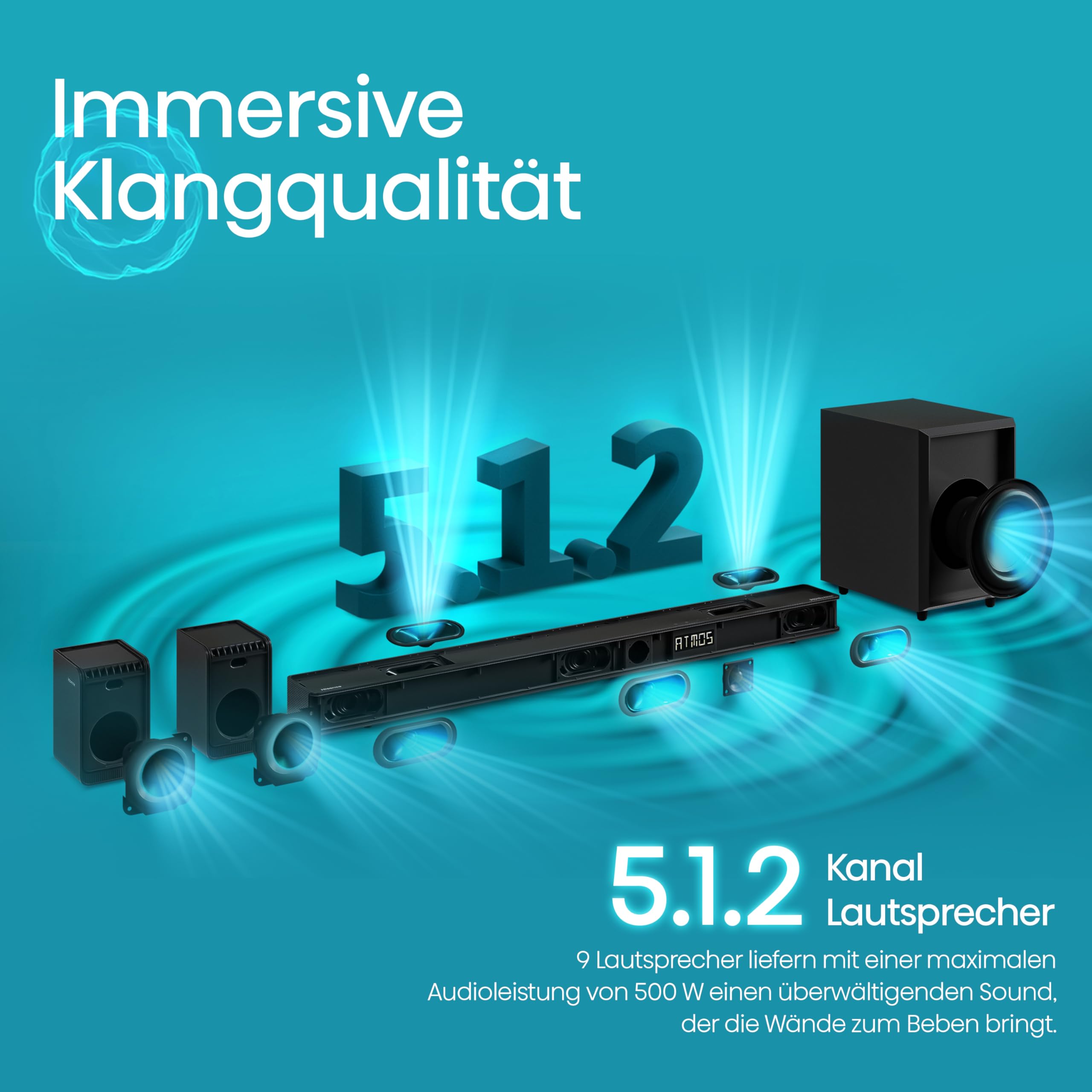 Hisense AX5125H 5.1.2 Soundbar mit kabellosem Subwoofer und Rücklautsprechern, 500W, Dolby Digital Plus, Dolby Atmos, Bluetooth, HDMI eARC/Optical/AUX/USB, Schwarz (2024)