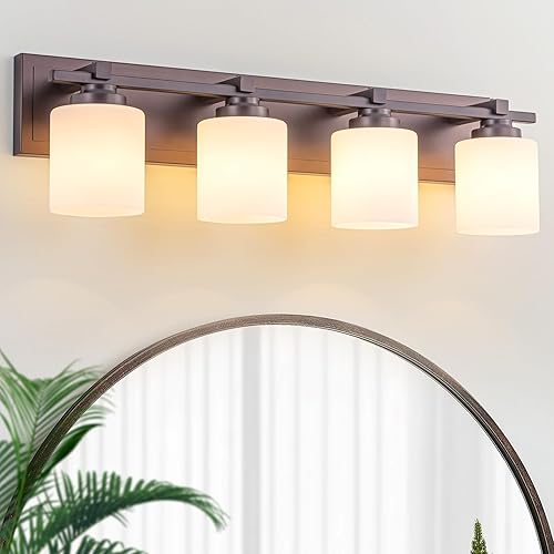 Miniatura 13 de 1 Lámpara Moderna para Baño sobre Espejo, Luces de Tocador Cromadas para Apliques de Pared de Baño con Pantallas de Vidrio Blanco Lechoso, Casquillo
