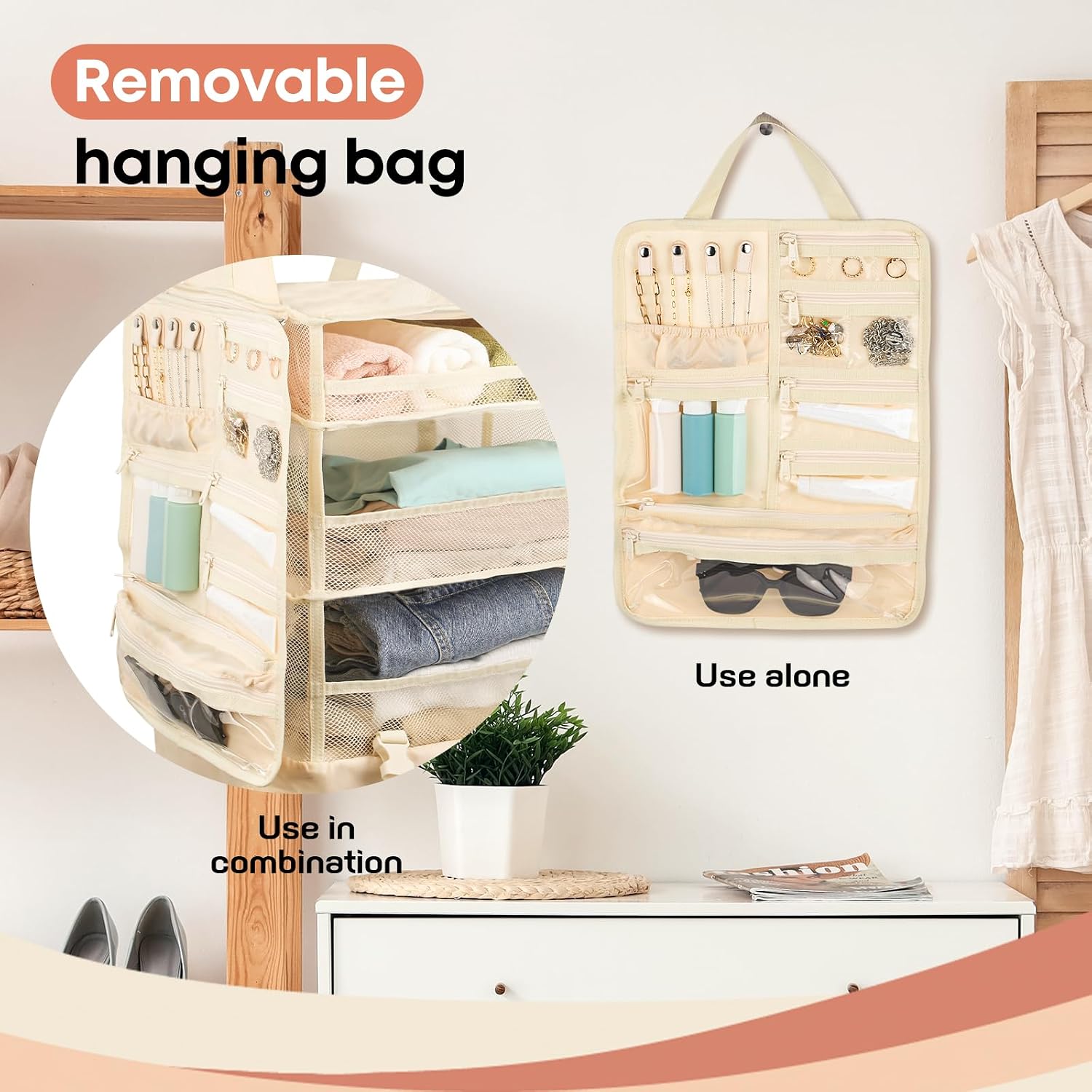 Wisreach Hanging Suitcase Organizer & Travel Shelves, Hanging Packing Cubes for Travel, Easy Packing & Wrinkle-Free Clothes, Suitcase Organizer for Carry-on Luggage, Apricot