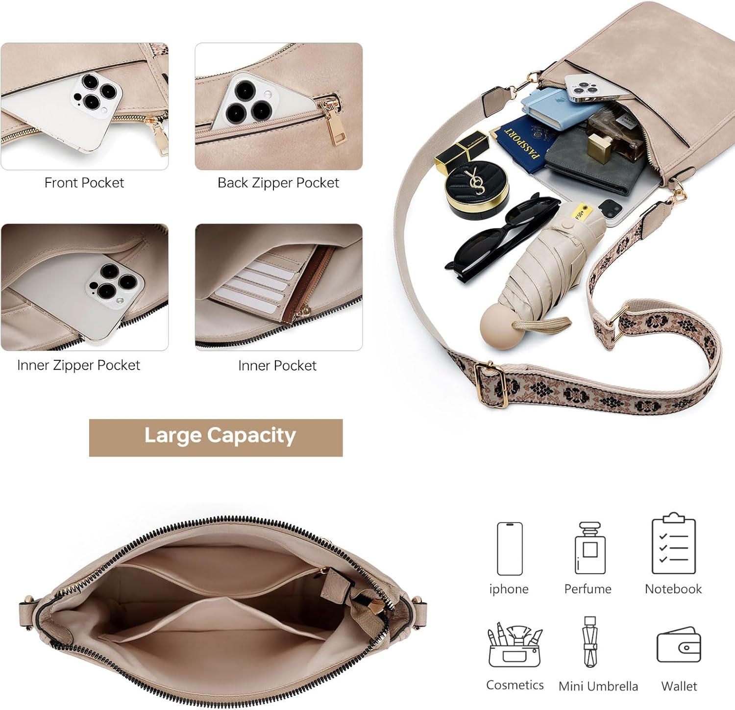 GEMIU Hobo Crossbody Bag for Women, Vegan Leather Multipocket Shoulder Purse with 2 Adjustable Removable Straps - Image 5