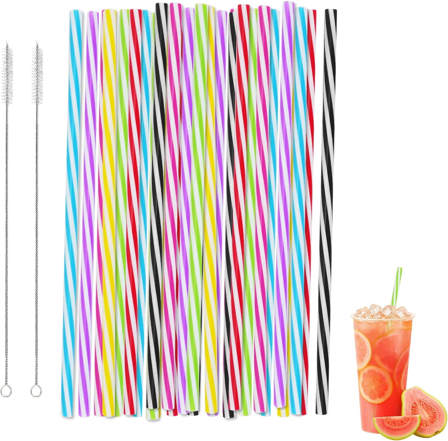 CEYAZYE 60Pcs 9" Reusable Plastic Straws with 2 Cleaner Brush