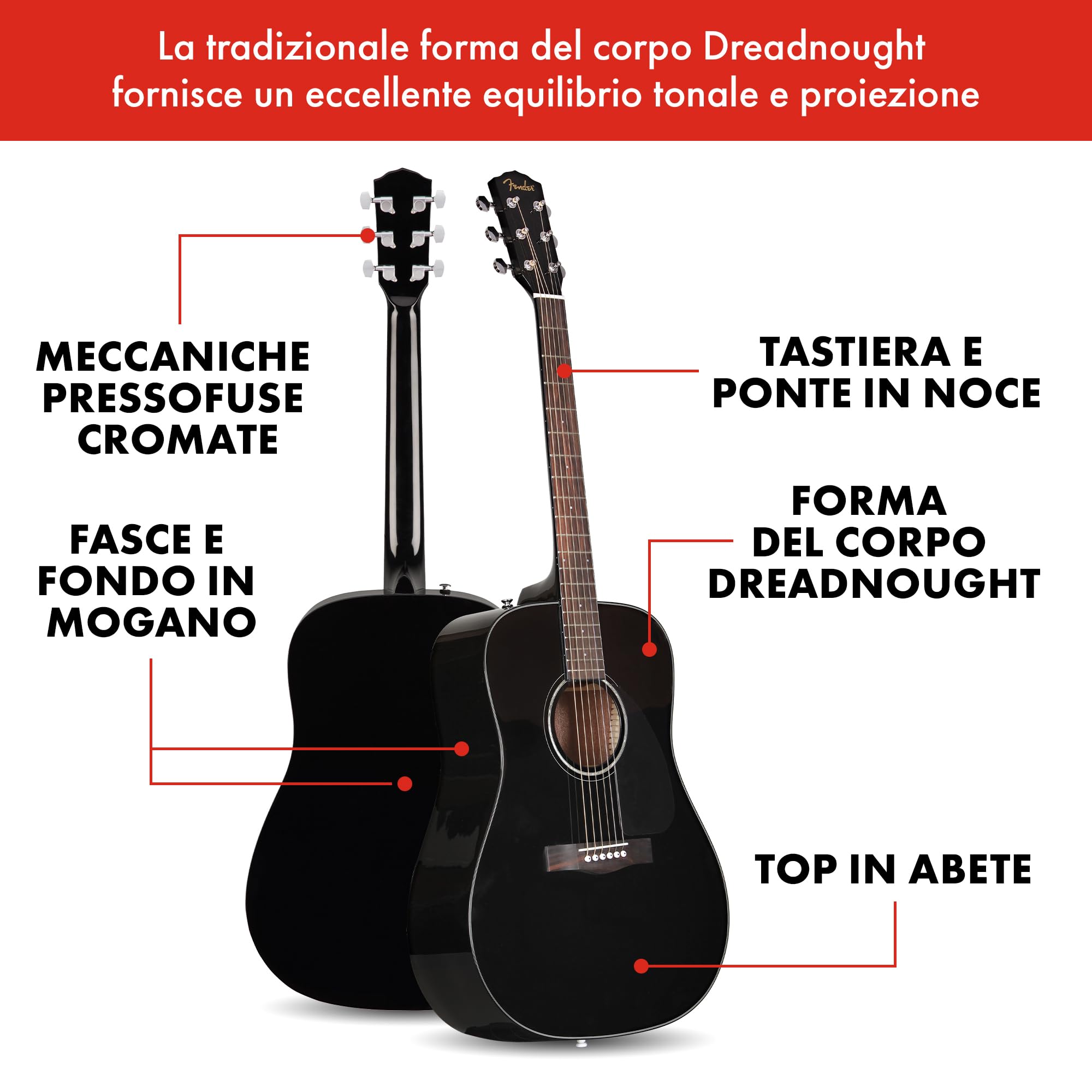 Fender CD-60 Dreadnought V3 DS Chitarra Acustica Mogano Noce Nero