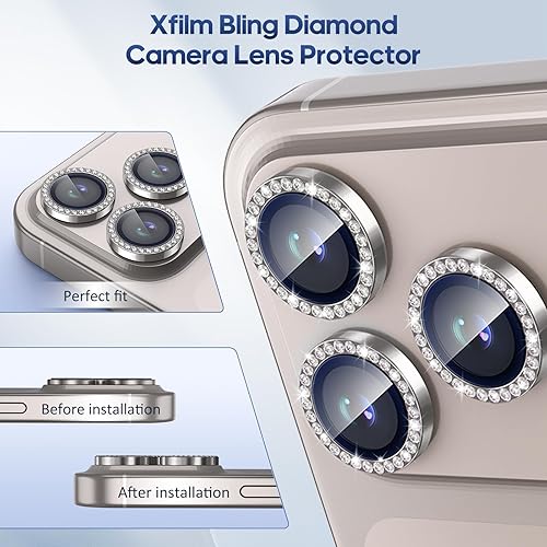 Miniatura 25 de Xfilm Protector de lente de cámara Bling para iPhone 14 Pro/14 Pro Max, dureza 9H a prueba de rayones, protector de anillo individual de metal