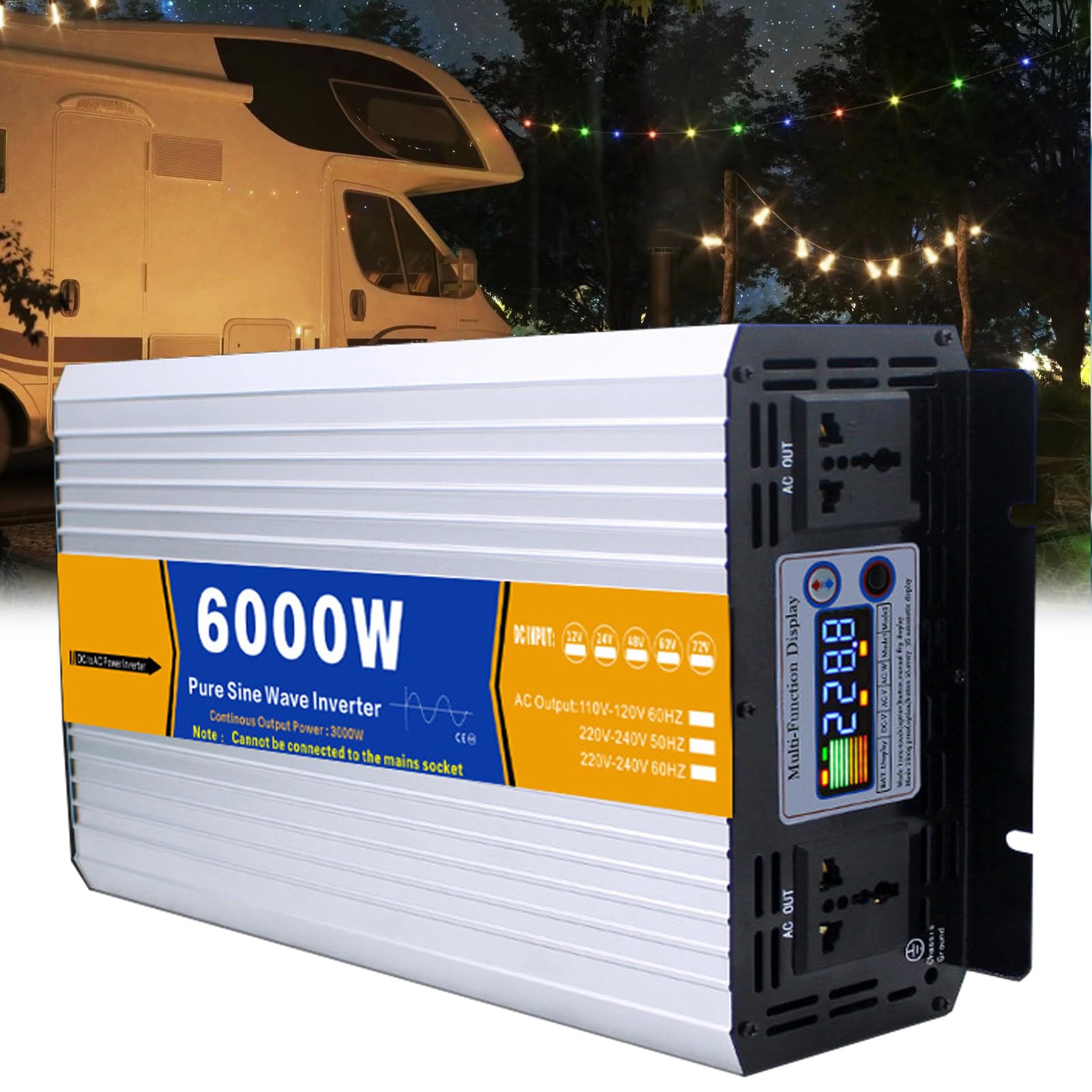 Inverter da 6000W, Ingresso CC 12V/24V/48V/60V/72V, Uscita CA 110V/230V , Inverter a Onda Sinusoidale Pura per Camion, Casa, Veicoli, Convertitore Inverter Solare a Bassa Frequenza(Size:48v to 110v)