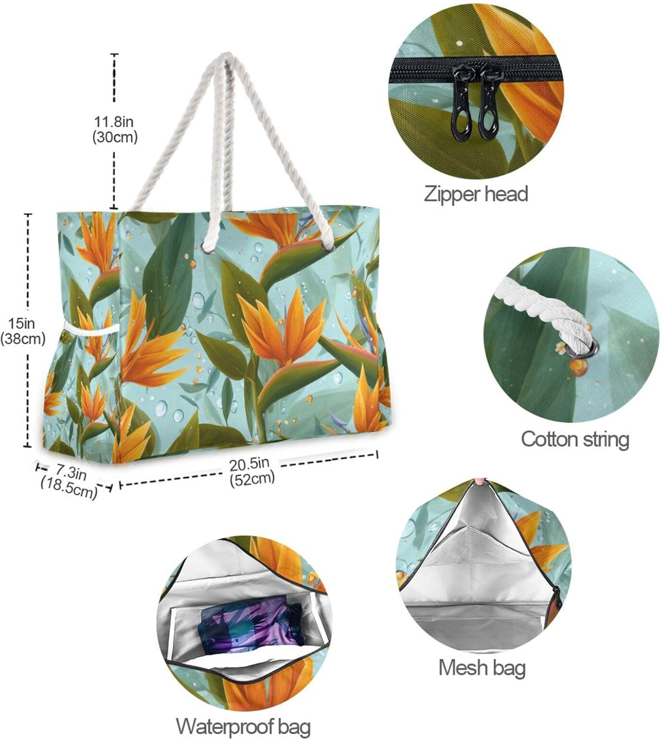 Orange Tropical Flowers Pattern Beach Bags for Women Ladies Large Canvas Tote Shoulder Bag Waterproof Travel Bags for Gym Swim Pool Camping