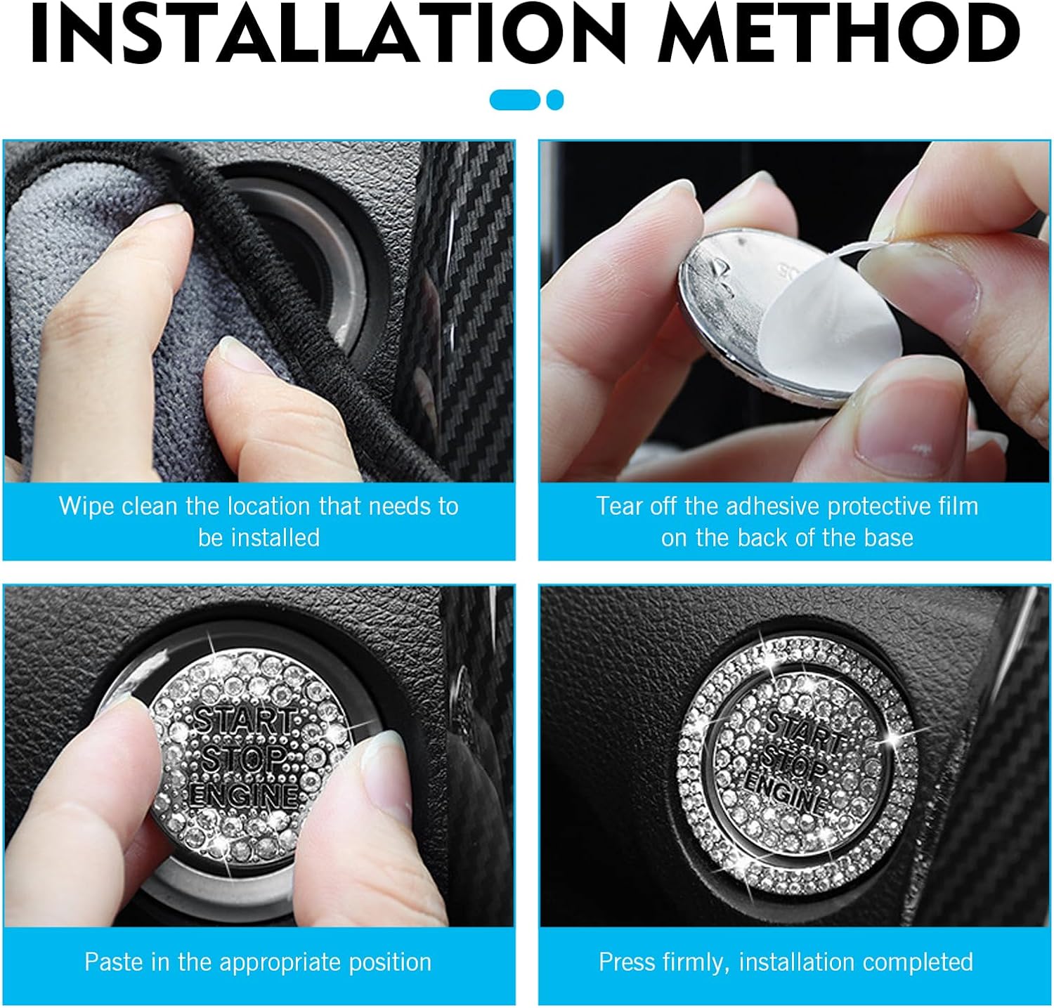 Crystal Rhinestone Car Engine Stop Decoration Ring Sticker, Sparkling Rhinestone Push Start Button Decorative Cover, Bling Interior Accessories for Women, Universal for Most Car (White)