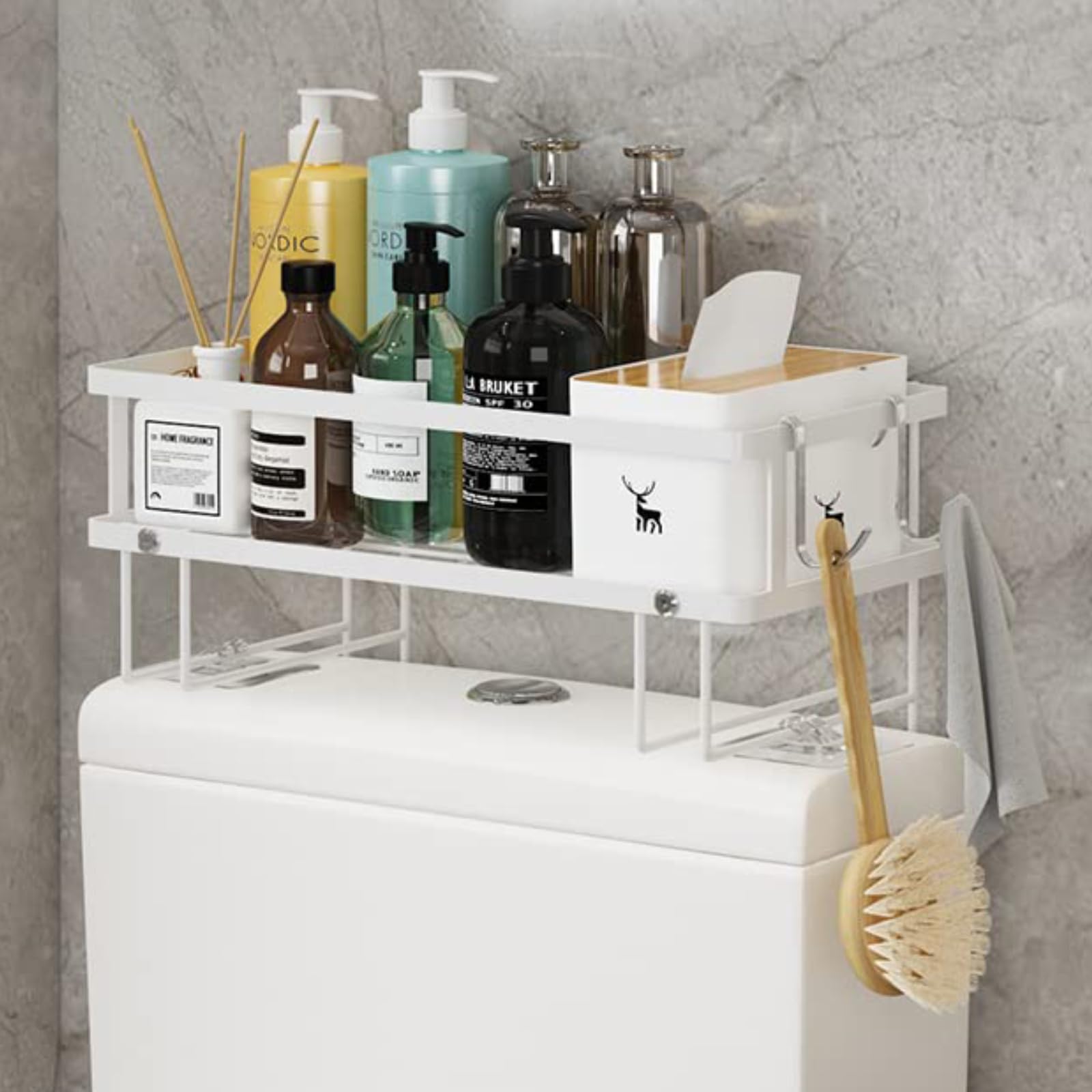 Mensola portaoggetti da bagno, grande capacità, installazione senza fori, in acciaio spesso resistente alla ruggine, salvaspazio sopra il WC (bianco, 1 ripiano)