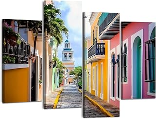 Weone Artwork 4 Panel Canvas Wall Art colorful street old san juan puerto rico town scenery Stretched & Framed Art Prints Modern Painting Wall Decoration Ready to Hang Unique Designed