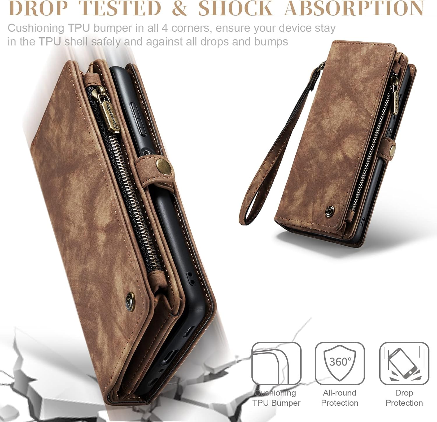 Case for Samsung Galaxy A12, Genuine Leather Wallet Detachable Magnetic Cell Phone Cover Zipper Purse RFID Blocking Card Slot Holster for Samsung Galaxy A12 2021 (Brown)
