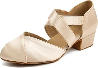 YYTing YT26 Women's Closed Toe Latin Ballroom Swing Dance Shoes - 1.5" Suede Sole Heel, Elastic Closure for Comfort