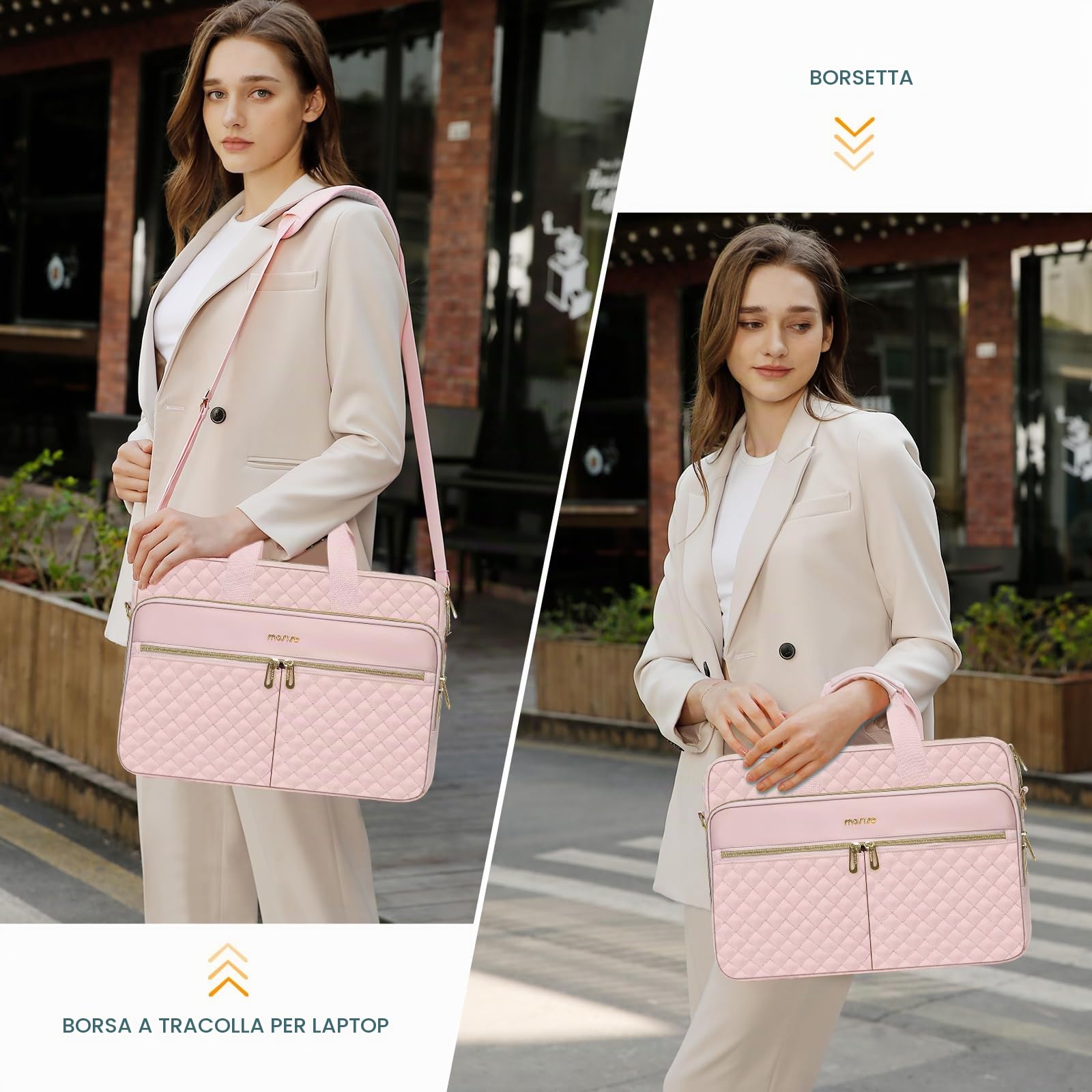 MOSISO 15-15,6 Pollici Borsa Porta Tracolla PC Laptop,Valigetta per Donne&Uomini,16 Pollici Quadrato Trapuntato Borsa Porta Computer Ufficio Viaggi Affari con 3 Tasche&Cinturino,Rosa