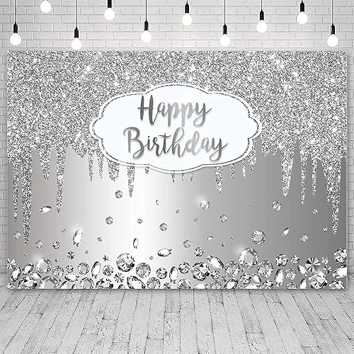 Miniatura 2 de ABLIN Telón de fondo de feliz cumpleaños de 7 x 5 pies con purpurina de cristal de diamante plateado, fondo de fotos para niñas y mujeres,