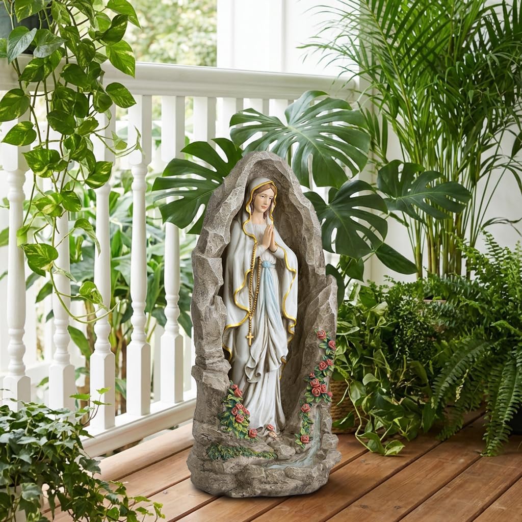 Grace4Joy Our Lady of Lourdes Statue - 24 Inches Solar Virgin Mary Statue with Lights Outdoor Catholic Garden Decor, Our Lady of Lourdes Grotto Sculpture for Home Yard Lawn Hallway Decor
