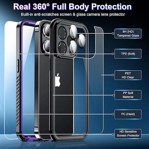 Miniatura 4 de Funda impermeable para iPhone 15 Pro Max 2024, protector de pantalla integrado y protector de cámara de vidrio, a prueba de golpes, IP68 bajo el