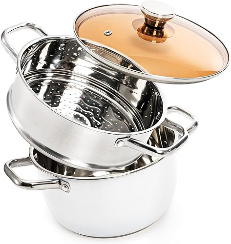 Olla de vapor de 2 niveles con tapa, vaporizador de alimentos de acero inoxidable de 4 cuartos de galón para cocinar, multiusos para verduras,