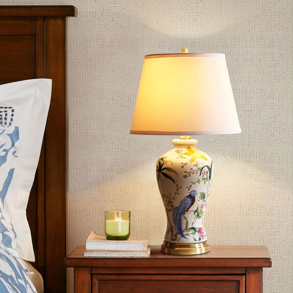 SGKOMN 25.6" Table Lamp, Modern Contemporary Ceramic Bedside Lamps With Hand-Painted Flower And Bird Patterns Nightstand Lamp With Fabric Shade Desk Lamps For Living Room, Bedro