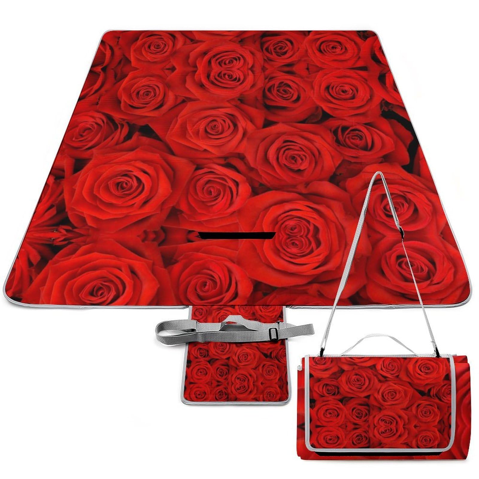 Alfombra de picnic de 148x148 cm para evitar la humedad del suelo con manta de rosas rojas