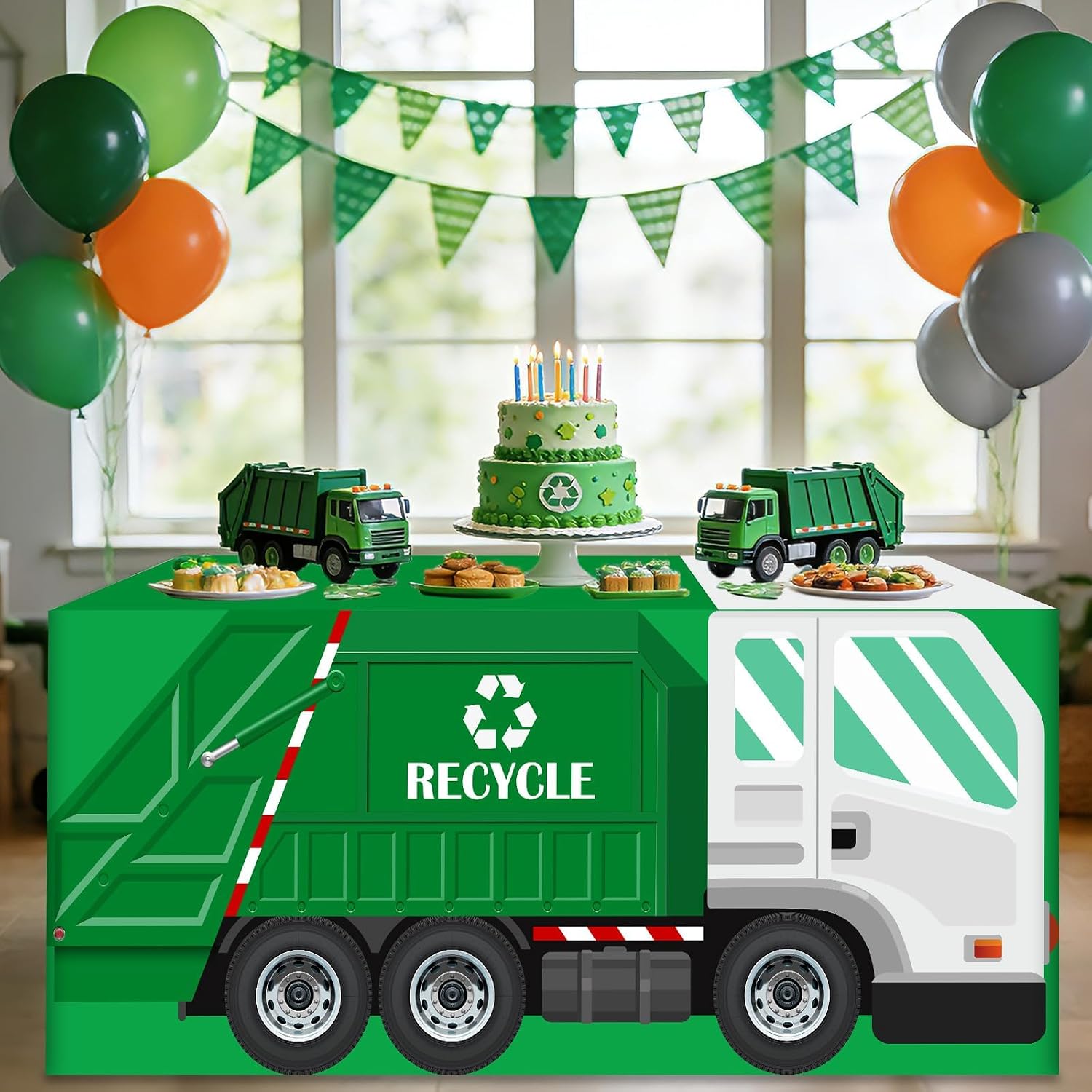 6Ft Garbage Truck Tablecloth Decorations Trash Truck Dining Table Cloth Washable Fabric Polyester Rectangle Table Cover Protector for Birthday Waste Management Recycling Theme Dinner Decor Party Favor